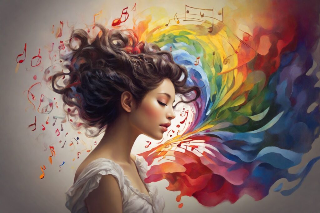 Musical notes causing various emotions inside a woman's head unveiling the emotional spectrum