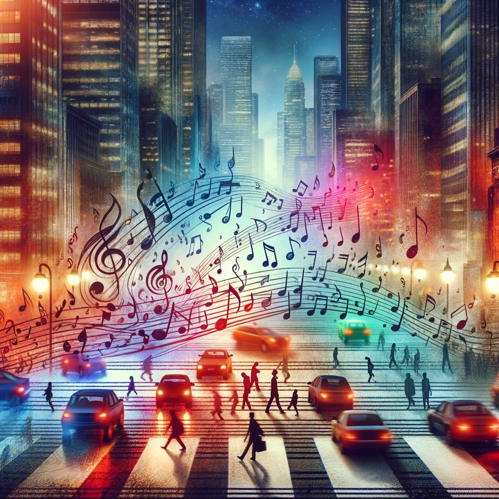 Musical Notes flowing through a crowded city.