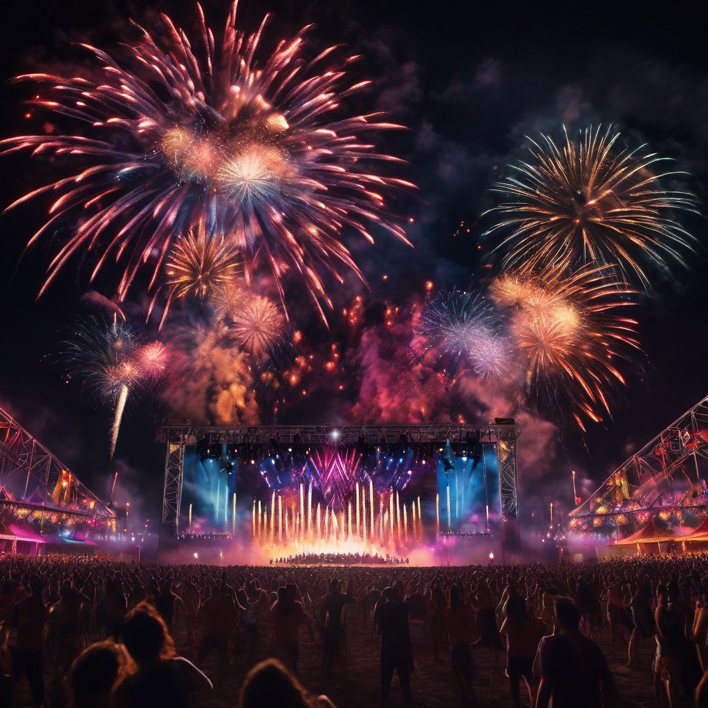 Fireworks at at an EDM festival demonstrating a grand finale for a track's outro.